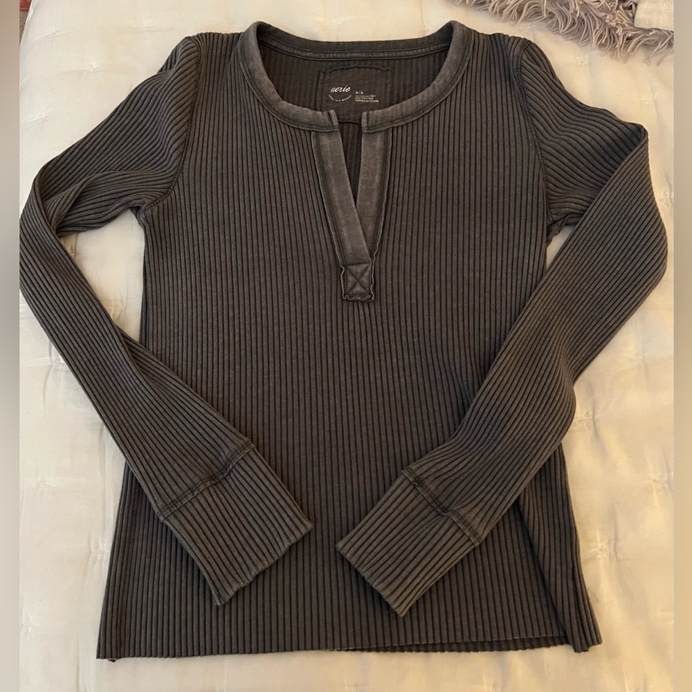 Distressed Style Long Sleeve Ribbed Top